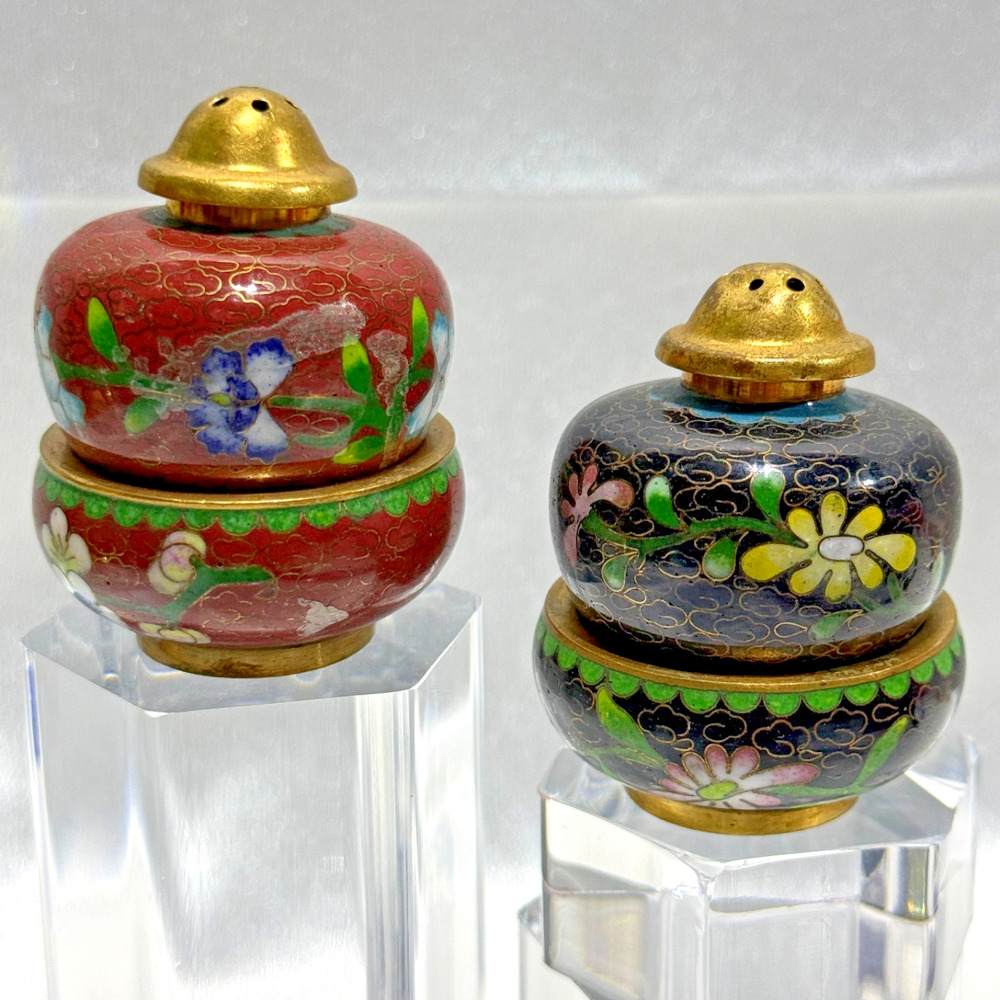 Vintage Cloisonne Salt Pepper Shakers Cellar Style Bases Floral Enamel Brass